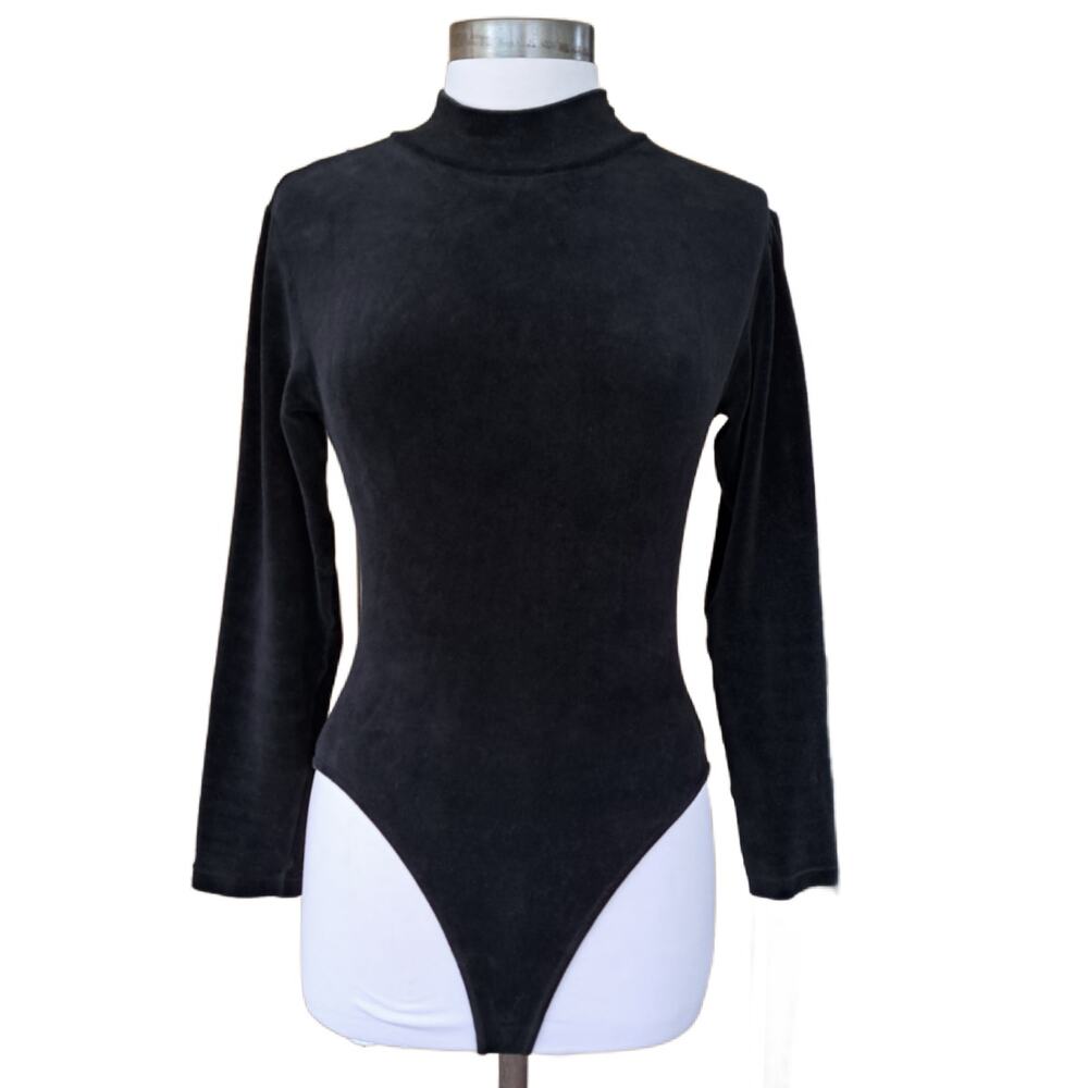 Vintage 90s The Limited Black Velour Bodysuit Mock Neck Long Sleeve Minimalist